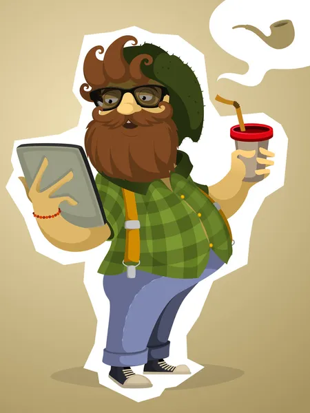 Dikbuikig bebaarde hipster met de Tablet PC- en drankje — Stockvector