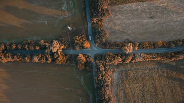 Outono campo encruzilhada vista superior. Carro que dirige girando na estrada rural do país no por do sol. — Vídeo de Stock