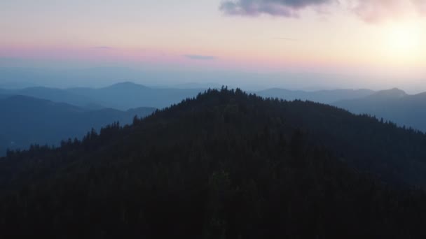 山頂の空中自然景観。背景に夕日高地の範囲。森のシルエット — ストック動画