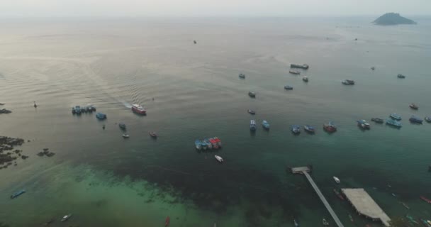 Tailandia aérea oceánica: barcos, barcos, yates, en frente del mar en el muelle de la isla de Koh Tao, bahía de Tanote — Vídeo de stock