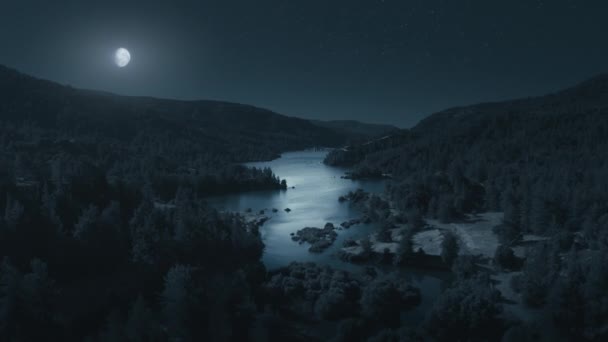 Étoile Noire Vue Aérienne Nuit Sur Lune Lac Fond Sombre — Video