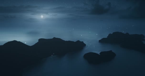 Luftkalte Blaue Mondscheinnacht Sternenhimmel Über Der Tropischen Berglandschaft Der Insel — Stockvideo