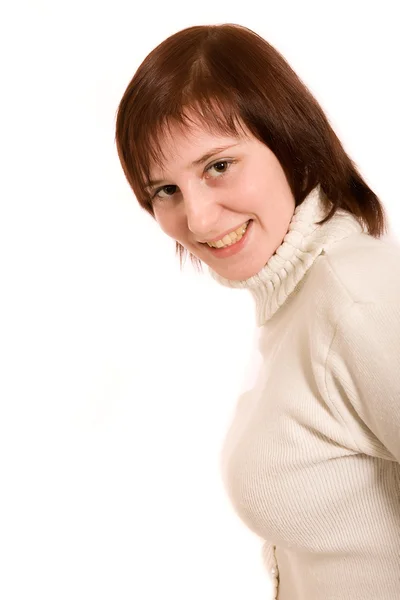 Frau im weißen Pullover — Stockfoto