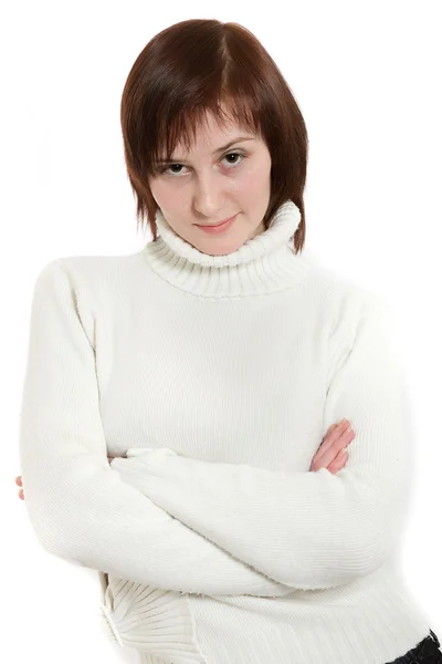 Frau im weißen Pullover — Stockfoto