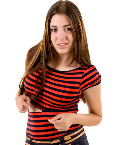 Κορίτσι σε ένα κόκκινο ριγέ πουκάμισο — Φωτογραφία Αρχείου