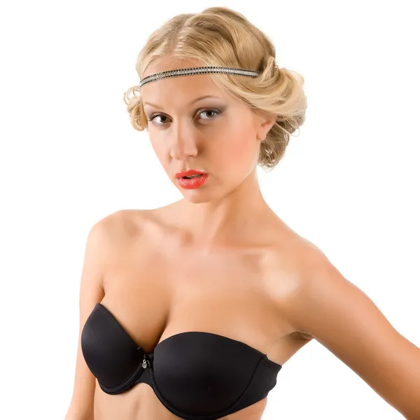 Young sexy woman in black bra — Stock Photo, Image