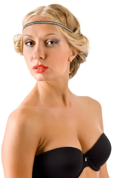 Young sexy woman in black bra — Stock Photo, Image