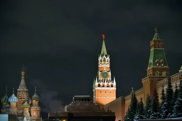 Moscow Kremlin Wall Spasskaya Tower Temple Vasiliy Beatific Lenin Mausoleum — 스톡 사진