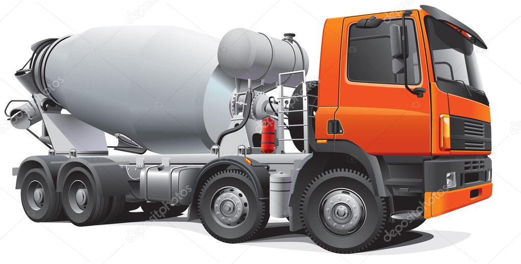 Detail vector image of modern large concrete mixer, isolated on white background. File contains gradients. No blends and strokes. Easily edit: file is divided into l