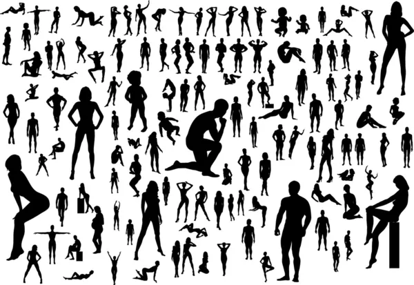 Ensemble de silhouettes noires de femmes, d'hommes et d'enfants nus — Image vectorielle