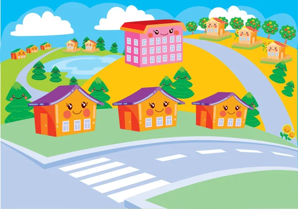 Belle banlieue avec des maisons gaies dans le style de Kawaii — Image vectorielle