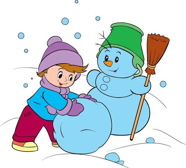 Çocuk bir kardan adam kışın sculpts.