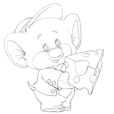 taslak, şapkalı şirin bir fare ve pençelerinde bir parça peynir, renk, karikatür çizimi, beyaz arka planda izole edilmiş bir nesne, vektör,