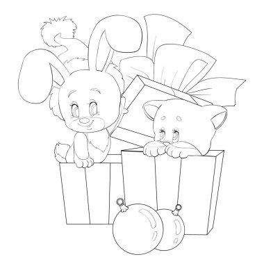 Sketch, new year and christmas, a hare in a santa claus hat peeps out of boxes with gifts and a kitten peeps out of another box, coloring book, cartoon illustration, isolated object on a white background, vector, eps vector Sketch, new year and christmas, a hare in a santa claus hat peeps out of boxes with gifts and a kitten peeps out of another box, coloring book, cartoon illustration, isolated object on a white background, vector, eps vector