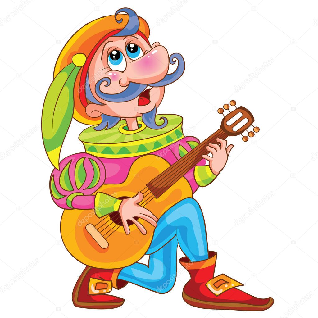 court musician bent on one knee and serenade the guitar in a beret with a feather, cartoon illustration, isolated object on white background, vector, eps