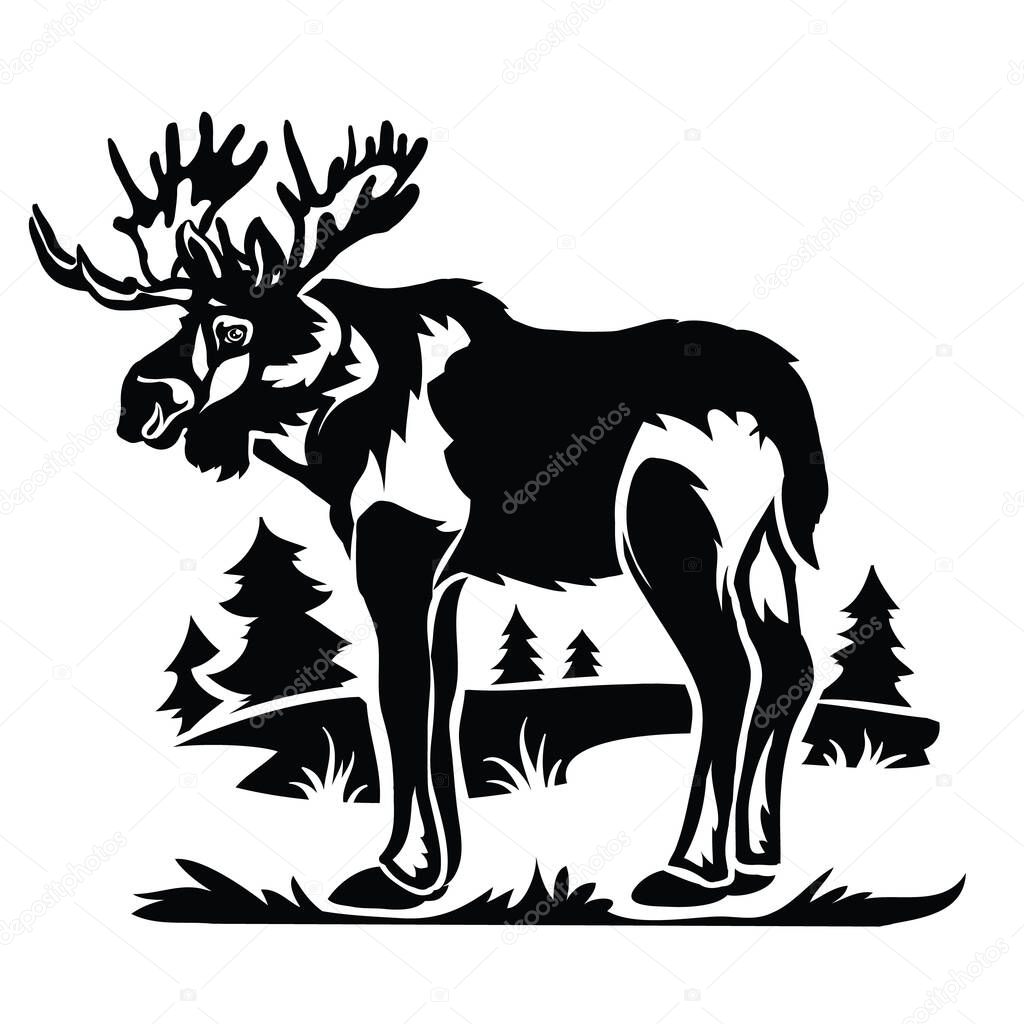 Stylized elk with big horns in the forest, logo, isolated object on a white background, vector illustration, eps