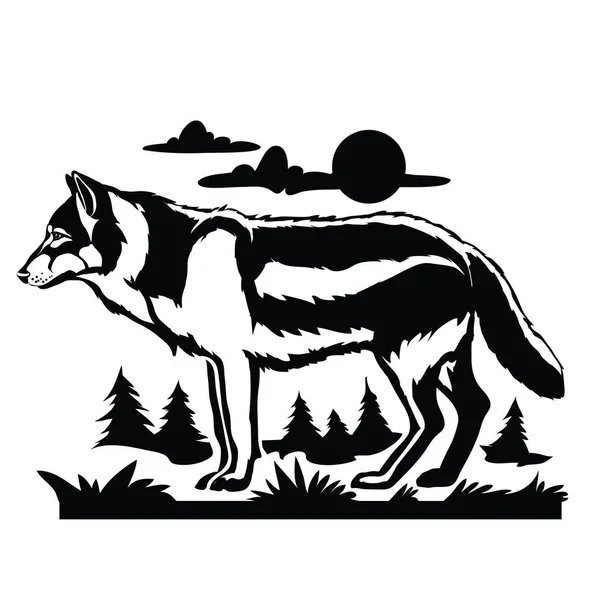 Stilisierter Wolf Schwarz Auf Dem Hintergrund Des Waldes Und Des — Stockvektor