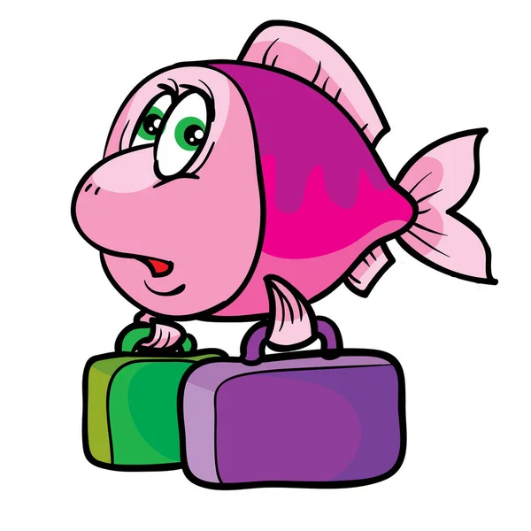 Uroczy Charakter Zabawnej Różowej Ryby Która Odpływa Gdzieś Walizkami Płetwach — Wektor stockowy