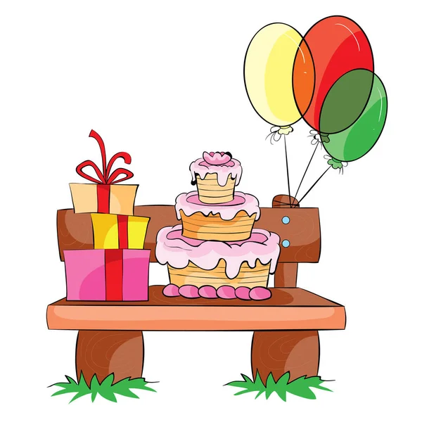 在长椅上有一个生日蛋糕和礼物 彩色气球 卡通画 白色背景上的孤立物体 — 图库矢量图片