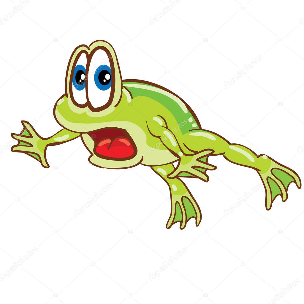 green frog scared with big eyes jumping, cartoon illustration, isolated object on white background, vector, eps