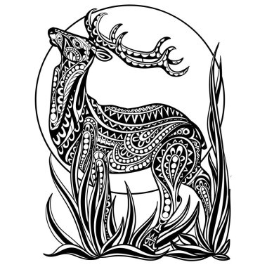 Geyik zentangle stili çizilir, canavar profilde durur başı yukarıda, izole bir nesne beyaz arka planda, vektör illüstrasyonunda,