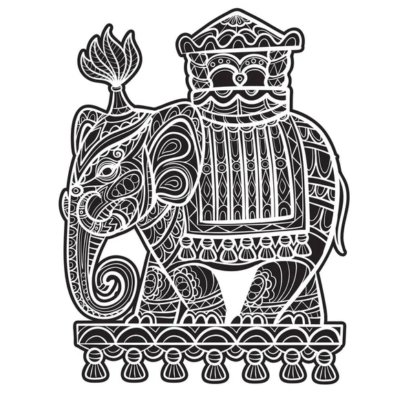 インドの象は ゼンタングル様式で描かれており 獣はプロフィールに立っており 白い背景に国家の装飾品 孤立したオブジェクト ベクトルイラスト Epsで飾られています — ストックベクタ