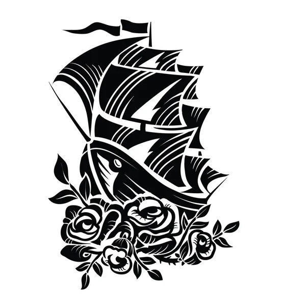 Navire Stylisé Couleur Noire Avec Voiles Fond Décoration Roses Logo — Image vectorielle