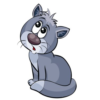 Gri kedi, sevimli karakter oturur ve dikkatlice bakar, karikatür çizimi, beyaz arka planda izole bir nesne, vektör, ep
