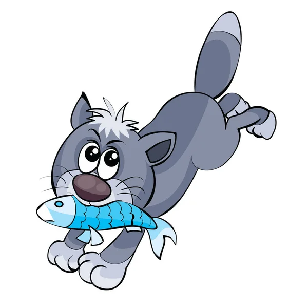 灰色の猫 かわいいキャラクターは彼の口の中で盗まれた魚で逃げます 漫画のイラスト 白い背景に孤立したオブジェクト ベクトル Eps — ストックベクタ