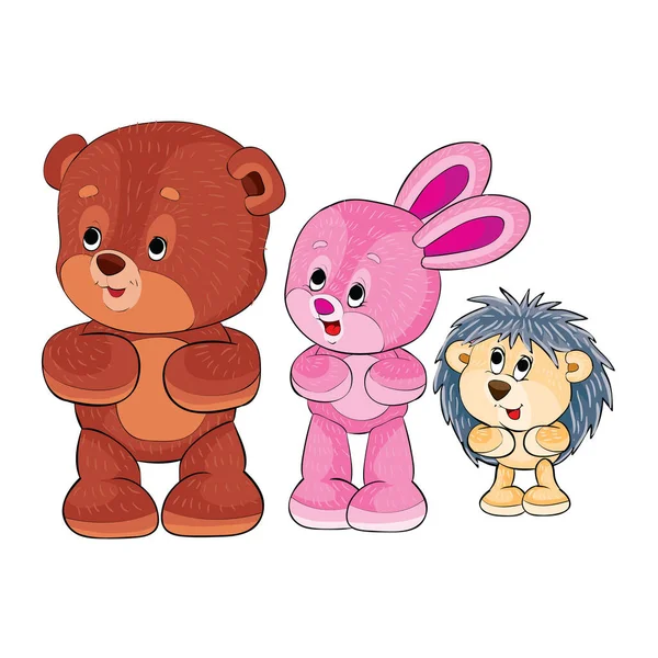 Zabawki Różowy Zając Niedźwiedź Jeż Robi Ćwiczenia Ilustracja Kreskówki Pojedynczy — Wektor stockowy