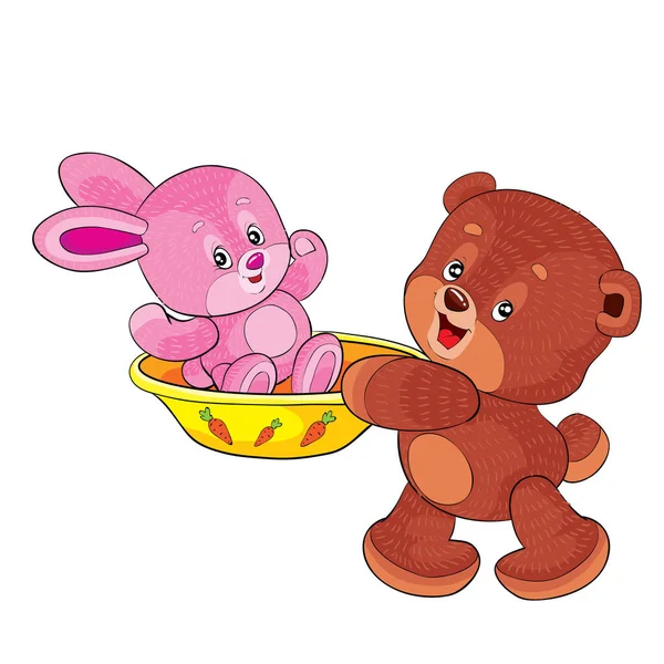 棕熊在水盆里抱着一只粉红的野兔 漫画插图 白色背景上孤立的物体 — 图库矢量图片