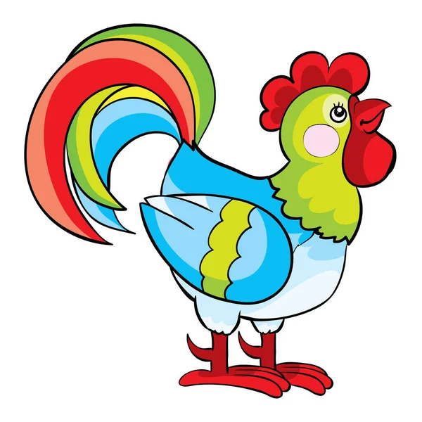 Rooster Red Crest Colorful Tail Cartoon Illustration Isolated Object White — Stok Vektör