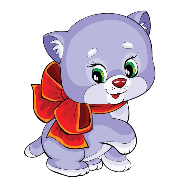 Bonito Personagem Gatinho Roxo Com Arco Vermelho Desenho Animado Ilustração — Vetor de Stock