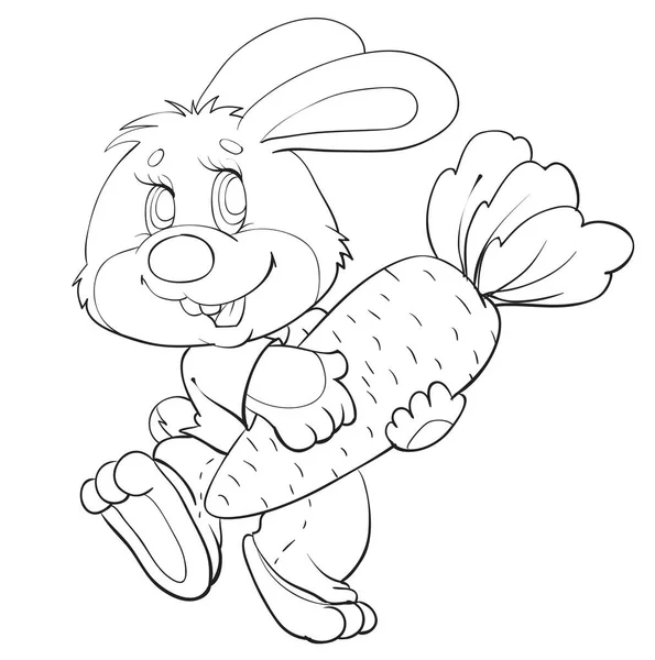 スケッチ かわいいウサギのキャラクターは その爪に大きなニンジンを運びます ぬり絵 漫画イラスト 白い背景に隔離されたオブジェクト ベクトル Eps — ストックベクタ