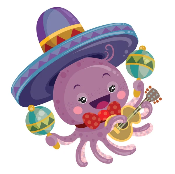Cute Octopus Character Rattles His Hands Sombrero His Head Cartoon — Vetor de Stock