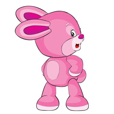 Pembe oyuncak tavşan ellerini kemerine koydu ve kötü bakışlar yan tarafa, karikatür çizimi, beyaz arka planda izole bir nesne, vektör, ep
