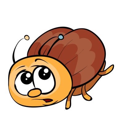 Büyük gözleri olan sevimli kahverengi böcek karakteri bir şeyden korkuyor ve kaçıyor, karikatür çizimi, beyaz arka planda izole edilmiş nesne, vektör, fil...