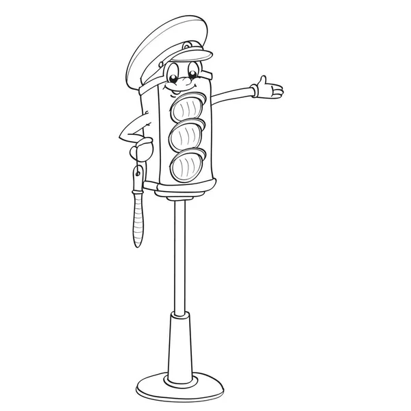 Sketch Cute Traffic Light Character Cap Traffic Controller Stick Coloring — Vettoriale Stock