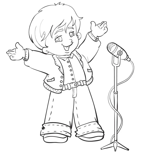 Sketch Cute Boy Singing Songs Microphone Coloring Book Cartoon Illustration — Stock Vector