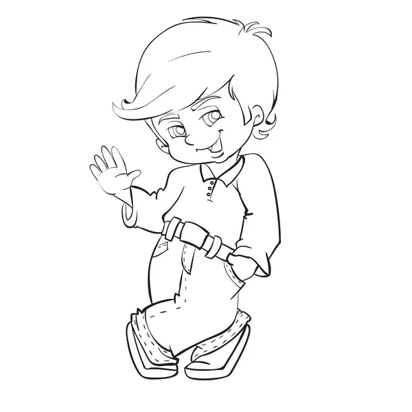 Sketch Cute Boy Playfully Waving His Hand Coloring Book Cartoon — Archivo Imágenes Vectoriales