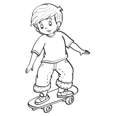 sketch, a boy carefully rides a skateboard, coloring book, cartoon illustration, isolated object on a white background, vector, eps