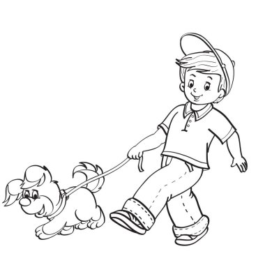 sketch, boy walking with a dog on a leash, coloring book, cartoon illustration, isolated object on a white background, vector, eps