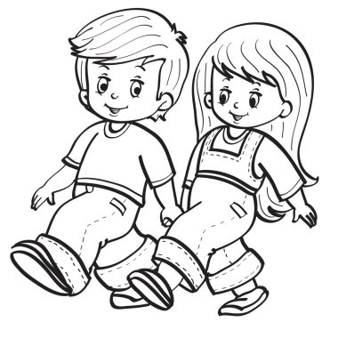 sketch, boy and girl walk holding hands, coloring book, cartoon illustration, isolated object on white background, vector, eps
