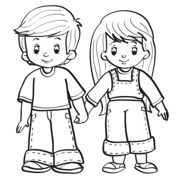 sketch, boy and girl stand holding hands, coloring book, cartoon illustration, isolated object on white background, vector, eps