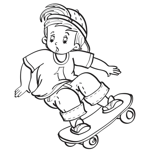 Sketch Boy Cap Boldly Rides Skateboard Coloring Book Cartoon Illustration — Stock vektor