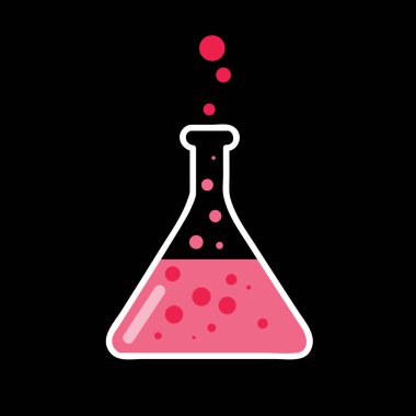 Siyah zemin üzerinde kırmızı sıvı bulunan kimyasal matara, izole nesne, vektör çizimi, eps