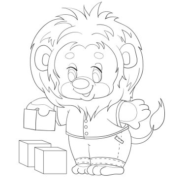 Çizim, küçük bir aslan yavrusu küplerden bir kule, boyama kitabı, karikatür çizimi, beyaz arkaplandaki izole nesne, vektör,