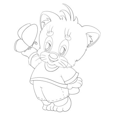 Taslak, elinde bir kelebek tutan sevimli bir oyuncak ayı, boyama kitabı, karikatür çizimi, beyaz arka planda izole edilmiş bir nesne, vektör,