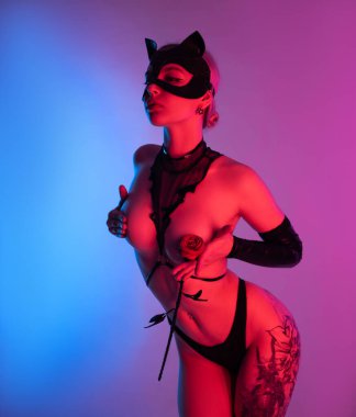 Deri kedi maskeli seksi kadın ve seks oyuncakları için deri gül.