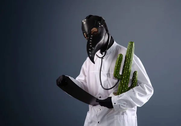 Ένας γιατρός με ρόμπα, φορώντας μάσκα γιατρού πανούκλας με έναν κάκτο στα χέρια του. — Φωτογραφία Αρχείου